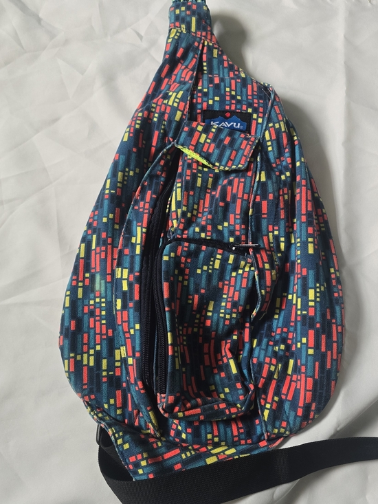 Kavu Handbags - Kavu Teal Crossbody Sling Bag with Red and Yellow Geo Print